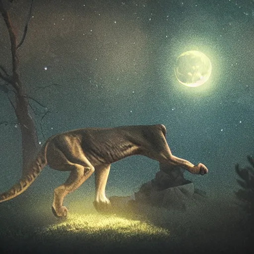 Image similar to a panther roaring at the moon in a forest during the night, large moon in the center. artistic. illustration. 4 k. cinematic. photoreal. dark colors. night.