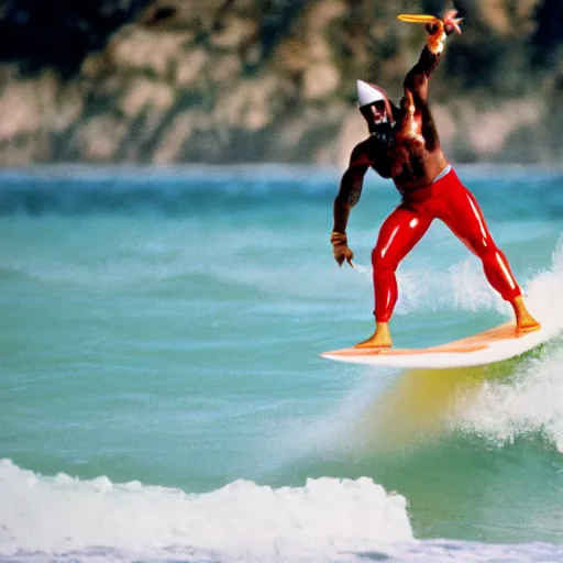 Prompt: macho king randy savage surfing on a dolphin. photo taken with fujinon premista 1 9 - 4 5 mm t 2. 9, portra 8 0 0.