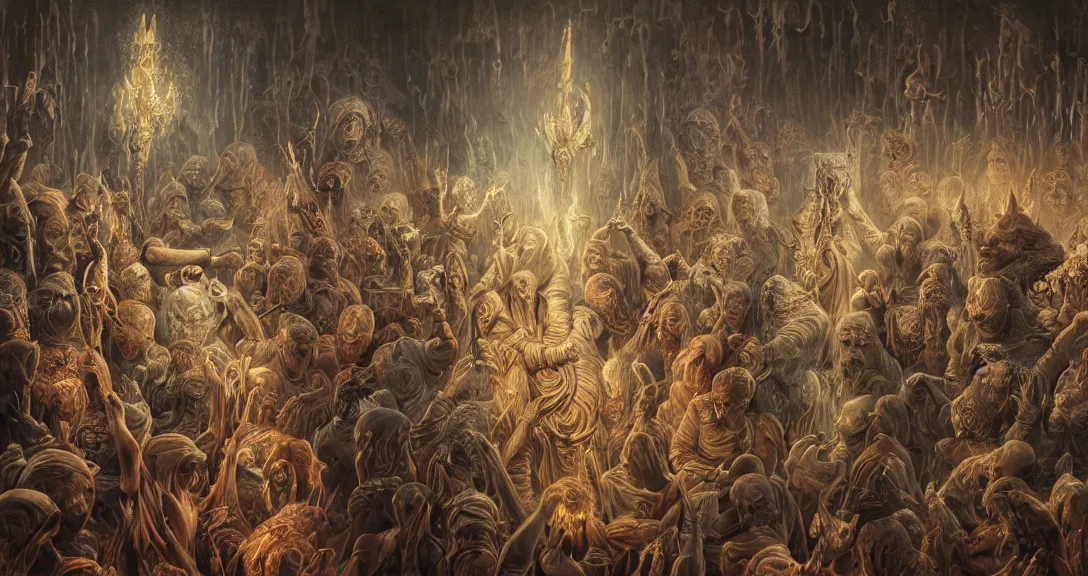 Prompt: hyper-detailed antique painting of a sacred undead ceremony, 8k, ultra detail, hyperrealism, science-fantasy, concept art, cinematic accent lighting, artstation, Zdzislaw Beksinski, Alexander Fedosov, Dan Mumford, muted color palette, soft light, divine proportion, digital oil painting rendered in vray, hyper-detailed