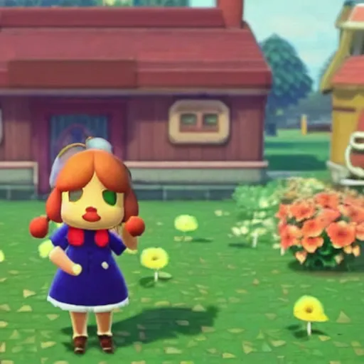 Prompt: A still of Isabelle from Animal Crossing in a lost footage horror movie, late 2000’s, low quality, vhs quality