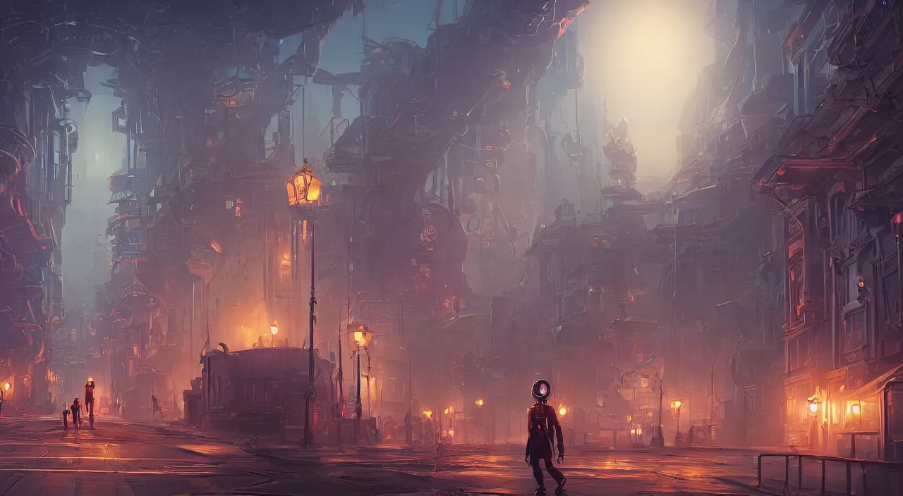 Image similar to a street level painting towards the horizon with high detail, sci - fi colorful victorian city with a victorian astronaut in the foreground at night with sharp shadows by tyler edlin and sparth, wide angle lens, 4 k, vray, art nouveau influences. roger deakins, cinematic cinematography.