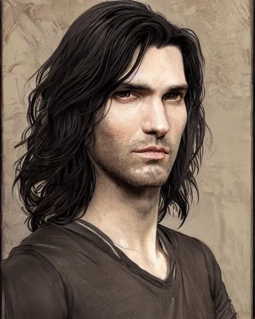 Image similar to portrait of tall, 3 3 - year - old handsome man with long dirty black hair, and ice grey eyes, wearing black clothes, no beard, hyper realistic face, beautiful eyes, close up, fantasy art, in the style of greg rutkowski, intricate, alphonse mucha, hyper detailed, smooth