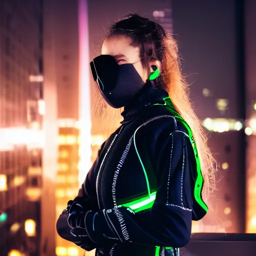 Image similar to photographic portrait of a techwear woman, closeup, on the rooftop of a futuristic city at night, sigma 8 5 mm f / 1. 4, 4 k, depth of field, high resolution, 4 k, 8 k, hd, full color