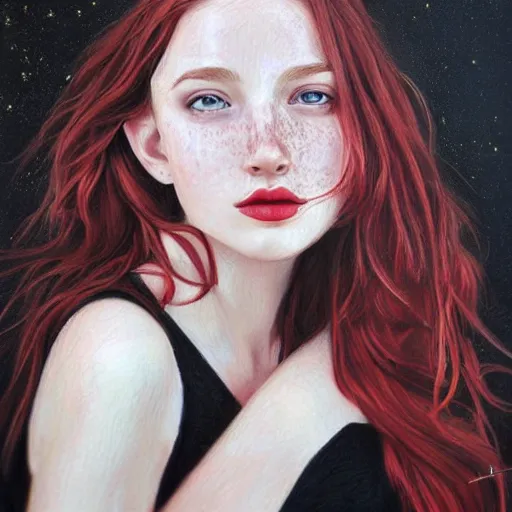 Prompt: beautiful girl, long wavy hair, small nose, freckles, red hair, portrait, photorealistic oil painting, highly detailed, pretty woman, attractive, black dress, tight dress