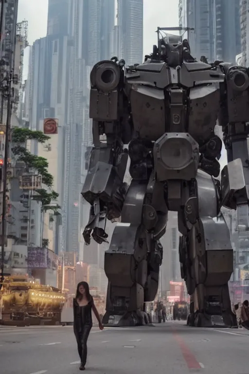 Prompt: portrait cinematography of beautiful young female, clothed in sci-fi military armor, long hair blowing in the wind. Giant mechs in the streets of Hong Kong. by Roger Deakins