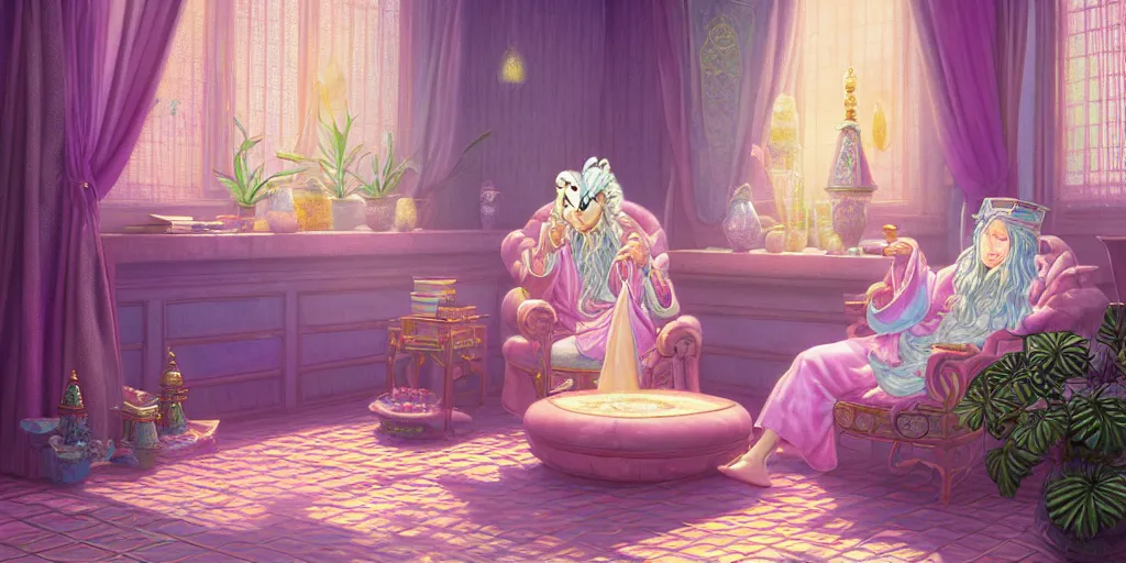 Prompt: a pastel painting of a wizard, ornate robes, lounging on a purpur pillow on the marbled checkered floor in her study room reading an ancient tome. to the side is a potted plant, moody candlelit raytracing. ancient oriental retrofuturistic fantasy setting. 4 k key art. by yoshitaka amano and mark tedin