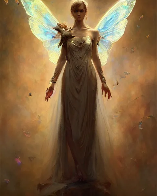 Prompt: Full view realistic ethereal Humanoid Maiden with symmetrical moth wings in a beautiful dress, oil on linen masterpiece by Craig Mullins Artgerm in the style of Ruan Jia, ornate Iconography background, tarot card, wlop, Ross Tran, detailed and realistic, soft lighting, intricate details, realistic, full view, Artstation, CGsociety