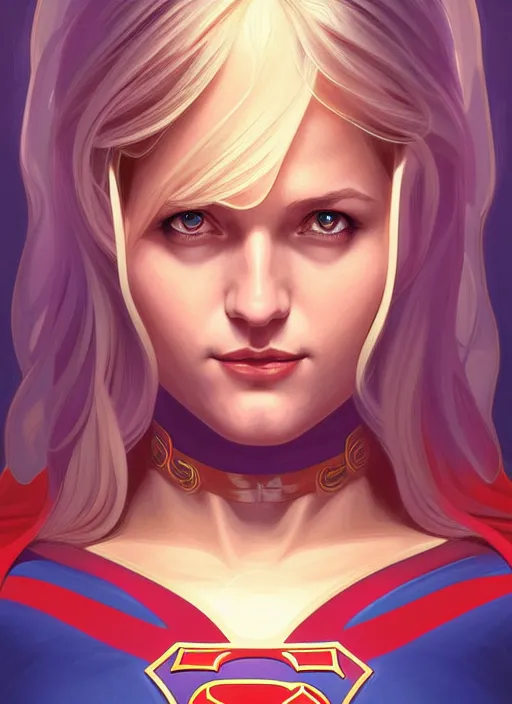 Image similar to symmetry portrait of supergirl, intricate, elegant, highly detailed, digital painting, artstation, concept art, smooth, sharp focus, illustration, art by artgerm and greg rutkowski and alphonse mucha, 8 k