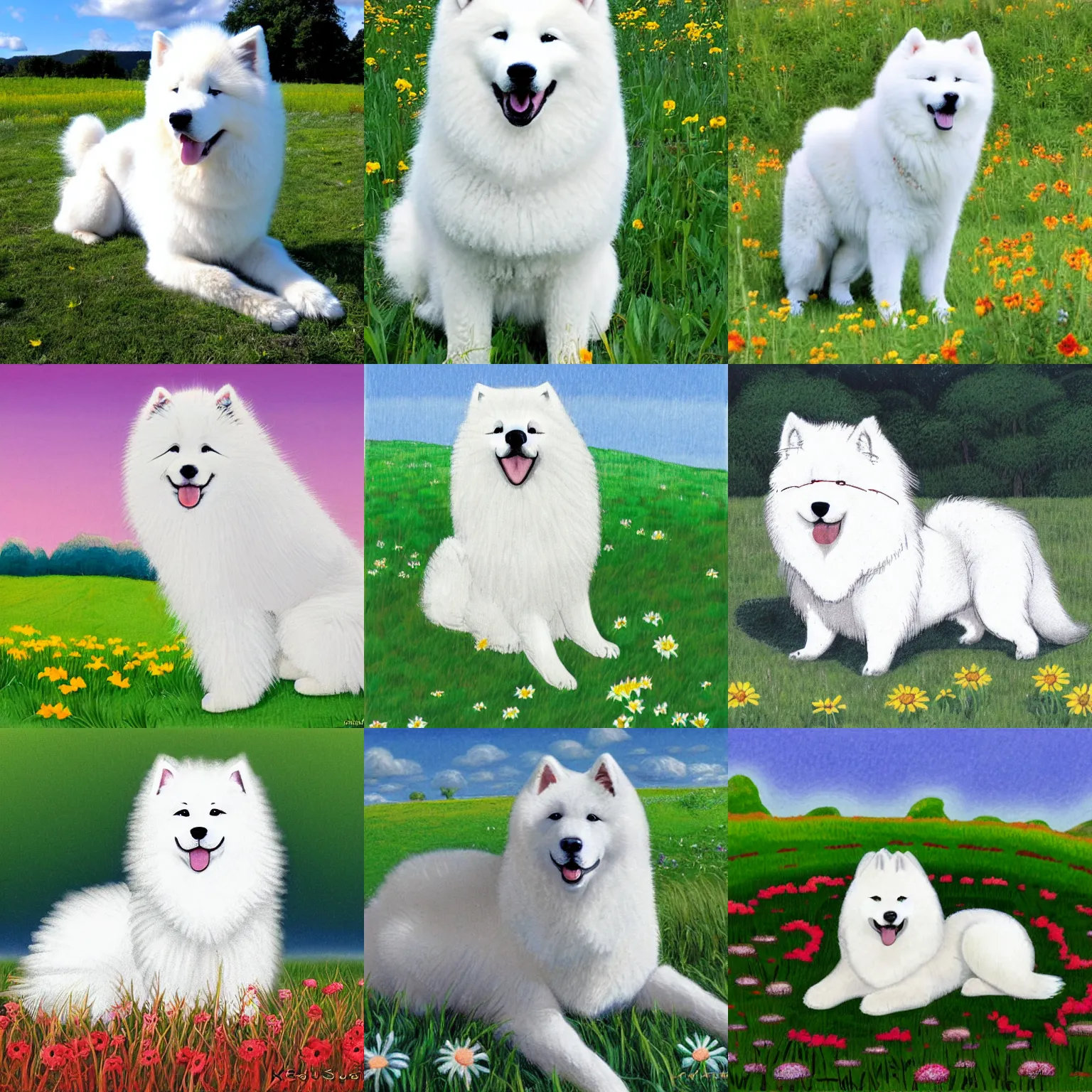 Prompt: a samoyed dog sitting in the middle of sunny meadow, by Ken Sugimori