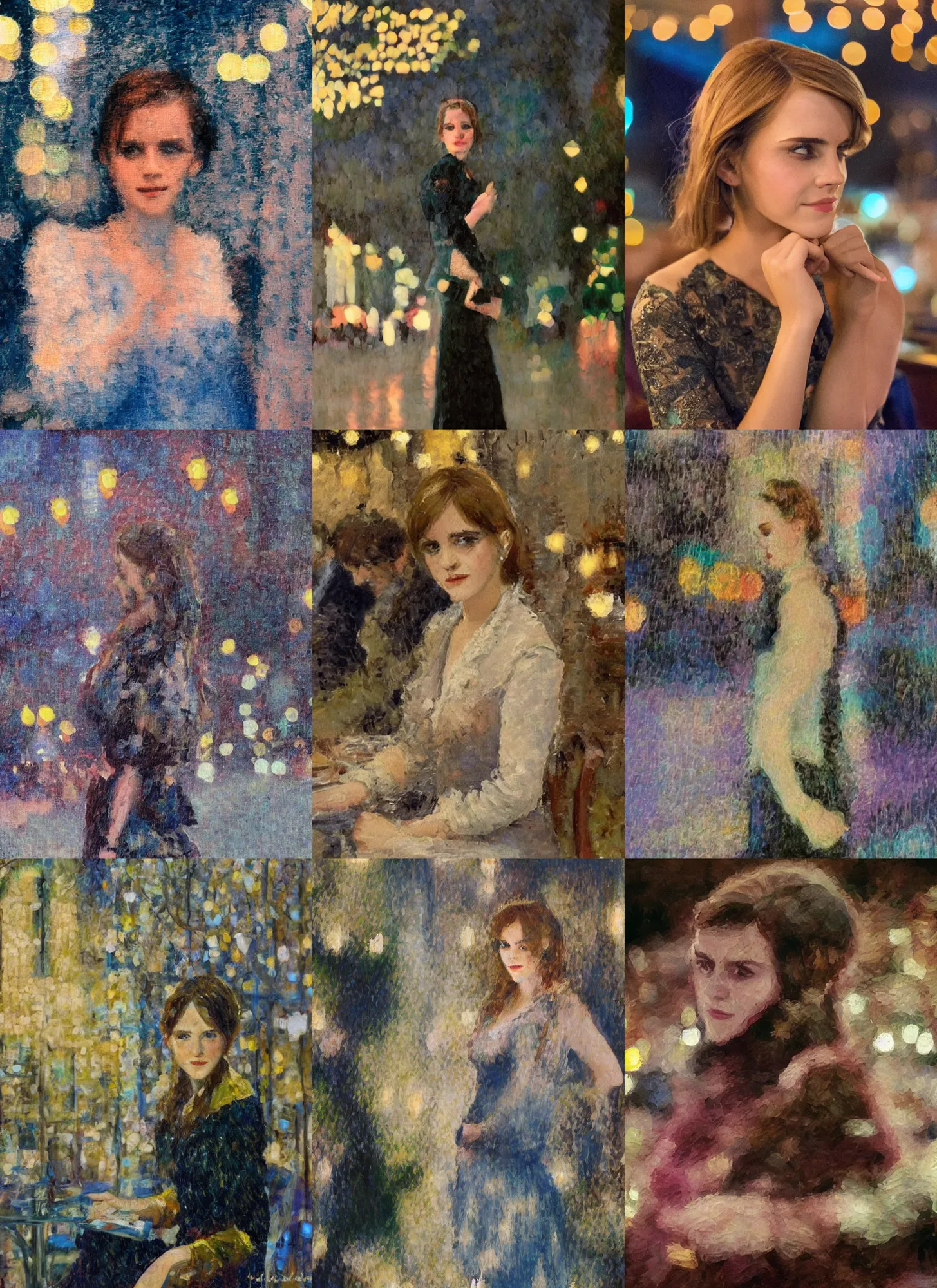 Prompt: an impressionist portrait painting of emma watson by henri - edmond cross, paris cafe at night with city lights bokeh background,!!! shallow depth of field!!!, canon 5 0 mm!! tilt - shift!! lens f 1. 2