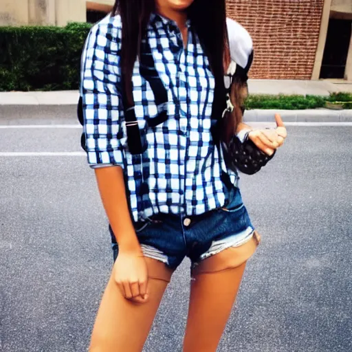 Image similar to cute modern style cartoon girl wearing plaid shirt and jean shorts, she is grinning