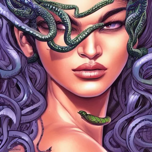 Image similar to Shanina Shaik as Medusa, snakes for hair, highly detailed, digital painting, artstation, concept art, smooth, sharp focus, illustration, art by Chris Achilleos and artgerm, in the style of Medusa (1988) by Chris Achilleos.