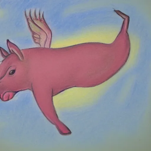 Image similar to chalk pastel drawing of of a flying pig with wings