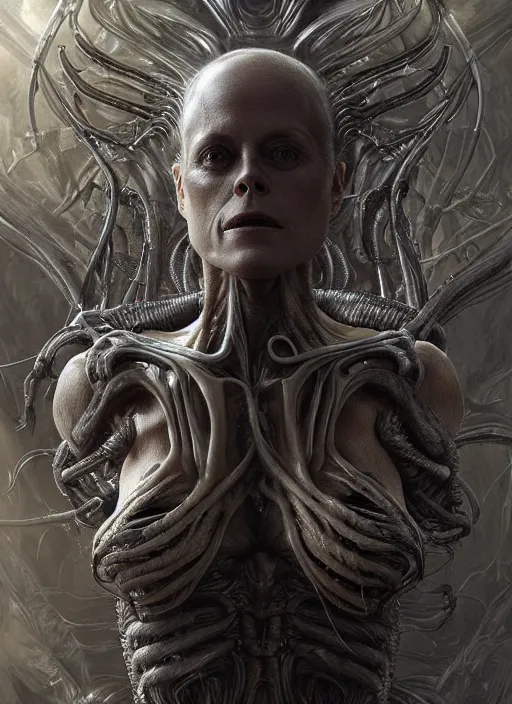 Prompt: an organic anatomical portrait of sigourney weaver blended with a xenomorphic alien queen, twisting organic tendrils, haze, highly detailed, hyper real, futuristic, volumetric interior lighting, artstation, unreal engine render 8 k greg rutkowski, hr giger