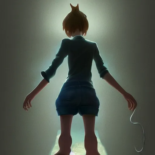 Prompt: a cat standing next to a human legs. animal. digital art. artstation. realistic. vibrant. illustration. in the style of pixar movie. octane render. art by makoto shinkai, stanley artgerm lau, wlop, rossdraws. volumetric lighting.