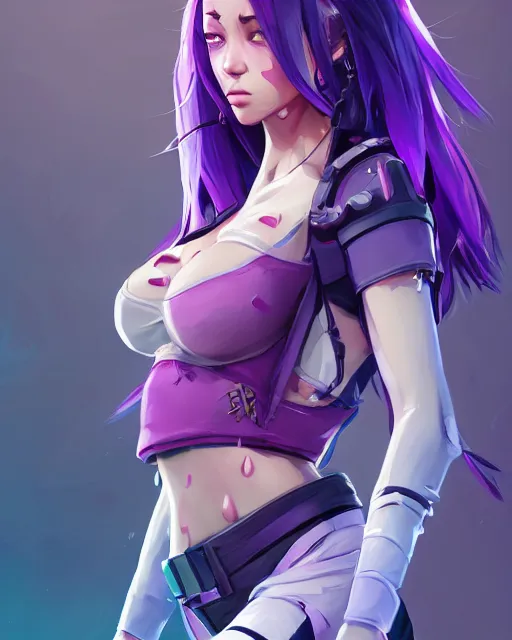 Image similar to beautiful female purple hair sheathed katana symmetrical face eyes full length fantasy art apex fortnite Video game icon, 2d game art gta5 cover , official fanart behance hd artstation by Jesper Ejsing, by RHADS, Makoto Shinkai and Lois van baarle, ilya kuvshinov, rossdraws