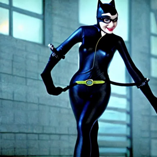 Image similar to mr. bean as catwoman from the batman movie. movie still. cinematic lighting.