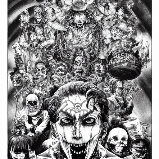 Image similar to 3 6 0 ° angle of a circus of madness and death by godmachine dzo olivier scott fischer yoji shinkawa moebius jean girard shintaro kago junji ito esoteric hypnogogic ethereal ethereality james gurney artstation gustave dore and greg rutowski