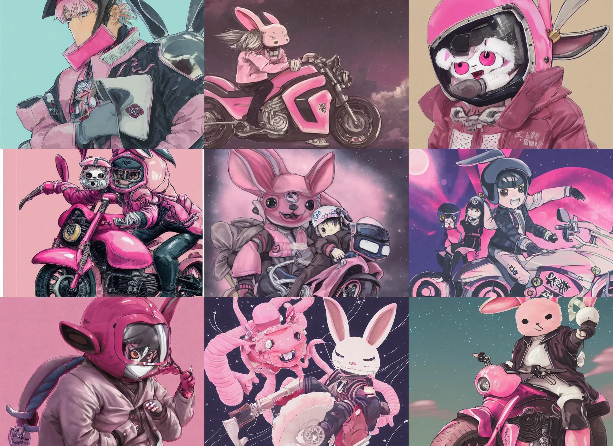 Prompt: official artwork of a half human yokai, motorcycle, helmet, anime pink rabbit wearing a letterman jacket, by Krenz Cushart, detailed art, many stars in the night sky, pink iconic character, 獣, yokai, wallpaper, bunny, large ears, けもの, male character, aesthetic, helmet, ghost, beast, motorbiker, rabbit, rabbit shaped helmet