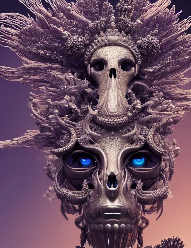 Image similar to render of goddess macro close - up portrait with crown made of phoenix ram skull. betta fish, jellyfish phoenix, bioluminiscent, plasma, ice, water, wind, creature, super intricate ornaments artwork by tooth wu and wlop and beeple and greg rutkowski