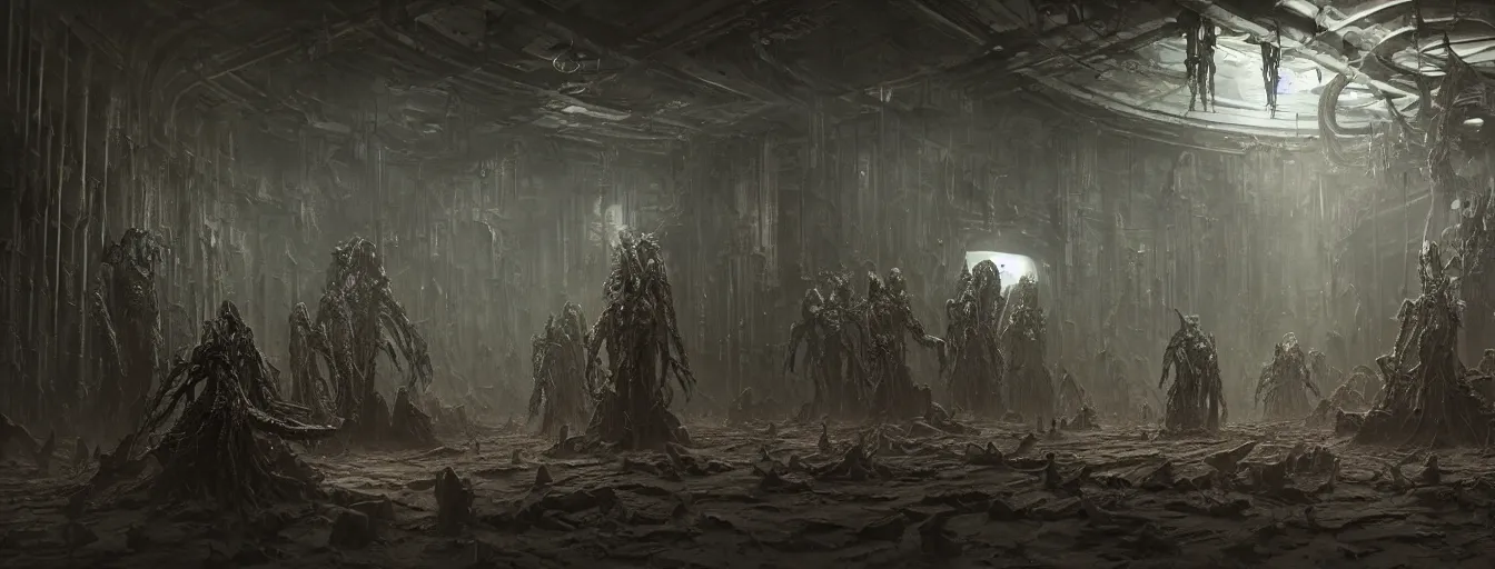 Image similar to scorn themed dark sci - fi biomechanical space ship interior, inside the torture chamber, undead alien guard figures, ethereal, ominous, dramatic cinematic lighting, volumetric 8 k, cryengine, by greg rutkowski, h. r. giger and zdizslaw beksinski, elden ring