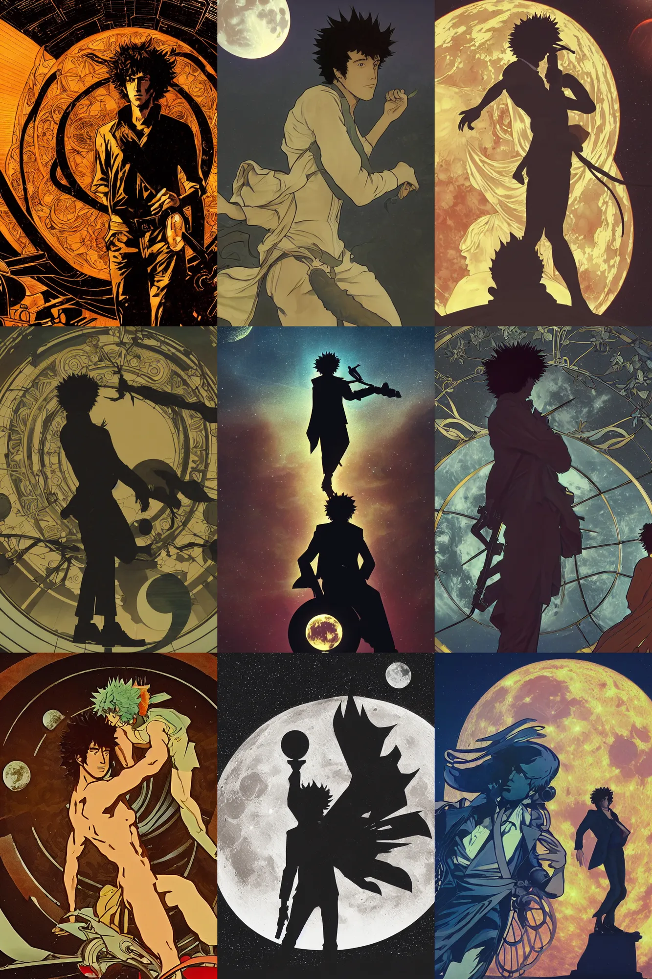 Prompt: concept art, silhouette of Spike Spiegel from Cowboy Bebop in front of the moon Ganymede in the style of Alphonse Mucha and Hiroya Oku, 8k, high detail, octane render,