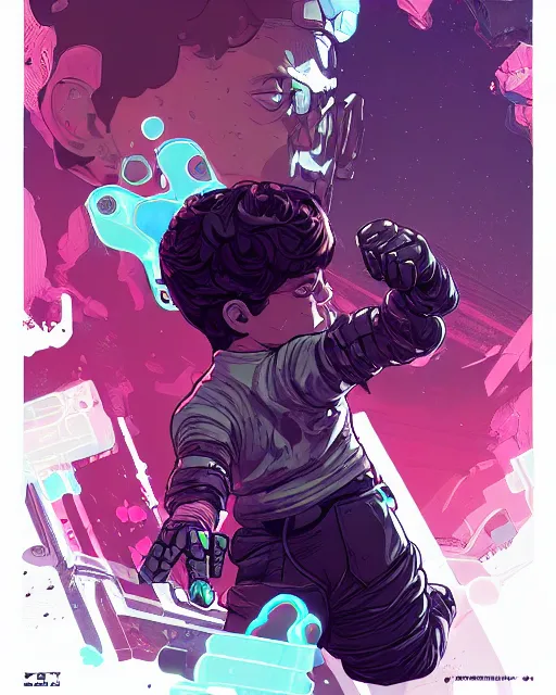Image similar to a tiny kid with a huge power glove, bust shot, smooth, intricate, elegant, power aura, digital painting, artstation, concept art, sharp focus, illustration, art by josan gonzalez, high contrast