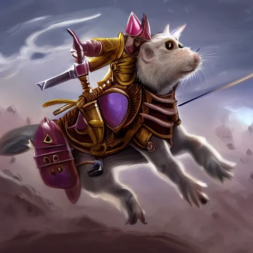 Image similar to hamster knight riding his trusty cat steed into battle, digital fantasy art, high resolution