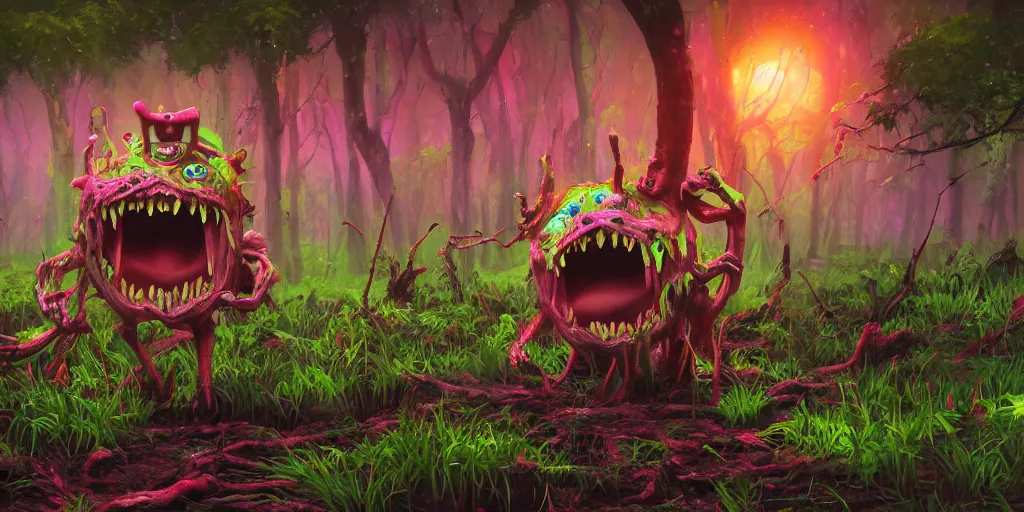 Prompt: of a bright saturated muddy swamp with cute strange friendly creatures with huge mouths, eyes, long tongue and square teeth appearing from the ground, in the style of arakowa, macro lens, shallow depth of field, highly detailed, digital painting, trending artstation, concept art, illustration, cinematic lighting, vibrant colors, photorealism, epic, octane render