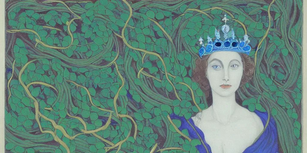 Image similar to portrait of the queen of snakes, pale blue, emerald, sapphire, wearing a crown of vines, moonlit