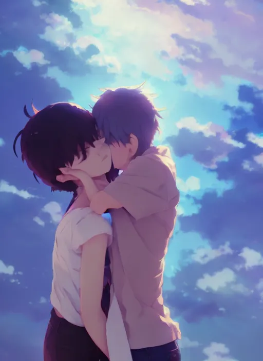 Prompt: boy and a sexy girl, hugging tightly under sky, illustration concept art anime key visual trending pixiv fanbox by wlop and greg rutkowski and makoto shinkai and studio ghibli
