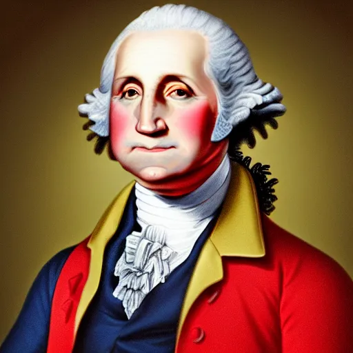 Image similar to a closeup photorealistic illustration of a happy George Washington holding wearing a chain around his neck with a small gold Doubloon coin as a necklace. This 4K HD image is Trending on Artstation, featured on Behance, well-rendered, extra crisp, features intricate detail and the style of Unreal Engine.