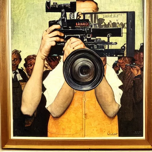 Image similar to norman rockwell painting of a man holding a large television - video - camera