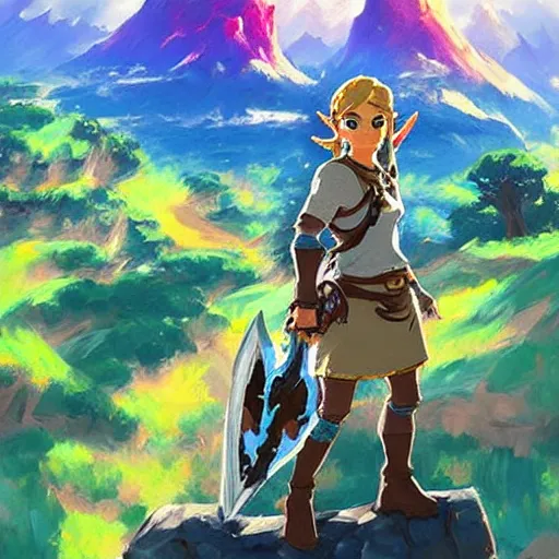 Image similar to oil painting of zelda breath of the wild, iconic mountain in the background. beautiful, rpg, dnd, artgerm, colorful, disney, pixar