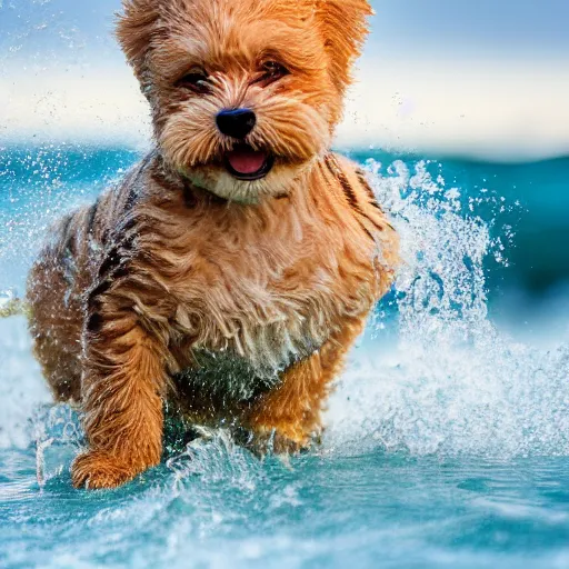 Image similar to a closeup photorealistic photograph of a cute smiling tiger bichon puppy splashing in the surf during sunset. professional capture, well lit shot. this 4 k hd image is trending on artstation, featured on behance, well - rendered, extra crisp, features intricate detail, epic composition and the style of unreal engine.