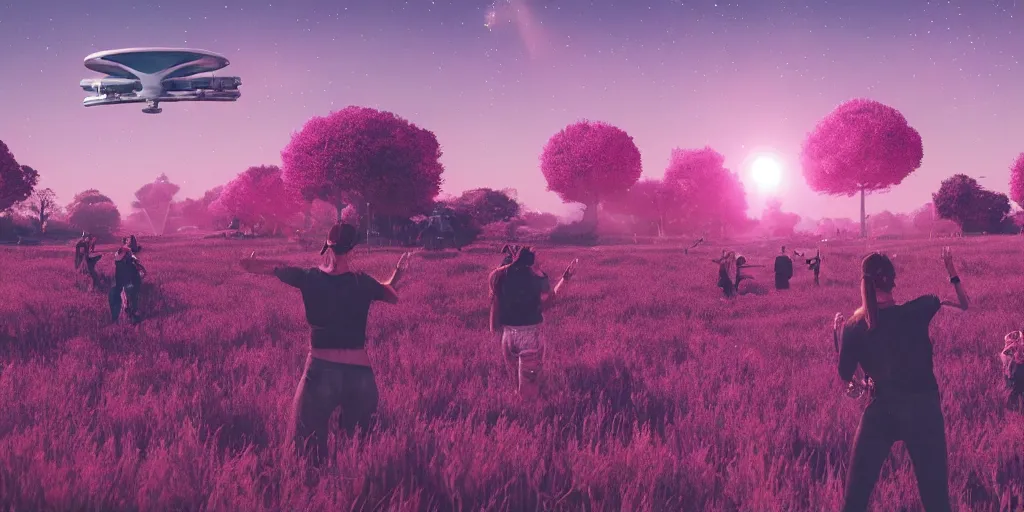 Prompt: a crowd of people celebrating with hands up next to a spaceship in wheatfields of pink plants, spaceships in the sky, pink trees, pink grass, at dawn, epic scale ultrawide angle, stunning, epic, cinematic, artstation trending, octane render, hyperrealistic, cryengine 8 k uhd