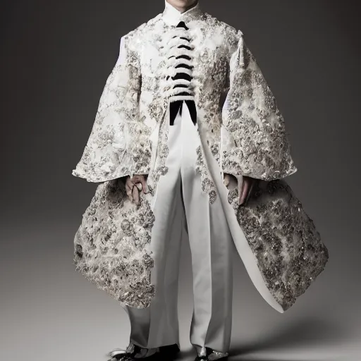 Prompt: a portrait of a beautiful young japanese male wearing alexander mcqueen couture , photographed by andrew thomas huang, artistic