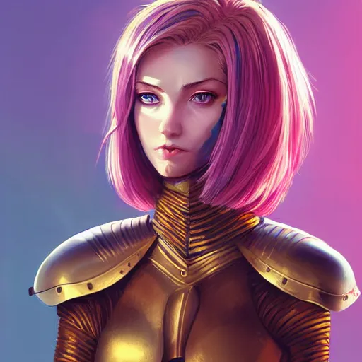 Prompt: a beutifull knight woman , symetrical face , golden armor , blue eyes pupills, pink long haire , highly detailed, digital painting, in the style of ilya kuvshinov and artgerm, high definition digital art