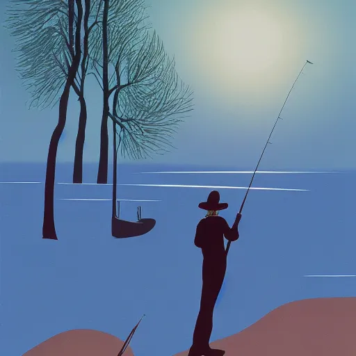 Prompt: eyvind earle desert fishing game big fish sand