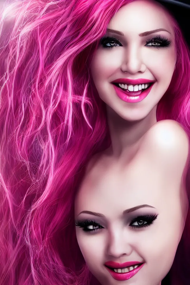 Image similar to ultra realistic portrait of a hot witch , colorful hair, pink lips, gorgeous smile, stunning, hottest, 8K resolution, deviantart,