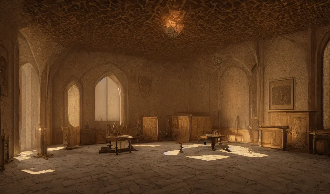 Image similar to hall of the king, interior medieval castle, ascher clemens, home, interior, octane render, deviantart, greg rutkowski, cinematic, key art, hyperrealism, canon eos c 3 0 0, ƒ 1. 8, 3 5 mm, 8 k, medium - format print