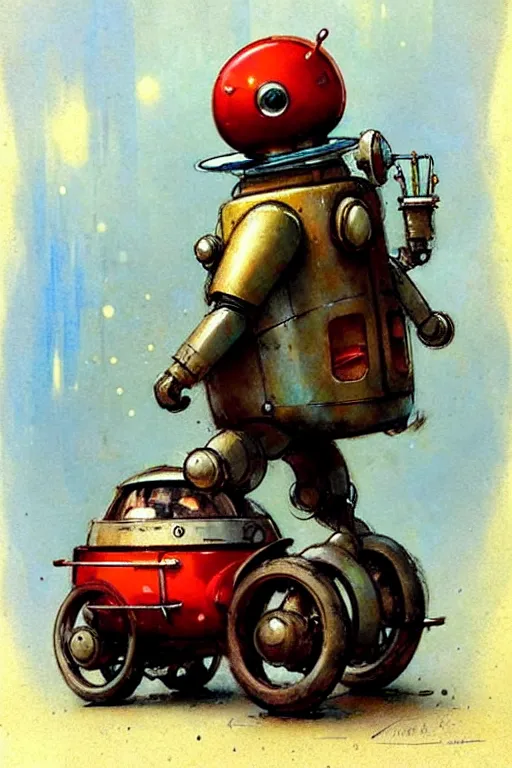 Image similar to adventurer ( ( ( ( ( 1 9 5 0 s retro future android robot fat robot mouse wagon. muted colors. ) ) ) ) ) by jean baptiste monge!!!!!!!!!!!!!!!!!!!!!!!!! chrome red