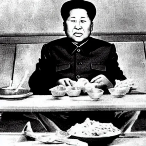 Prompt: mao zedong eating in potato in kfc