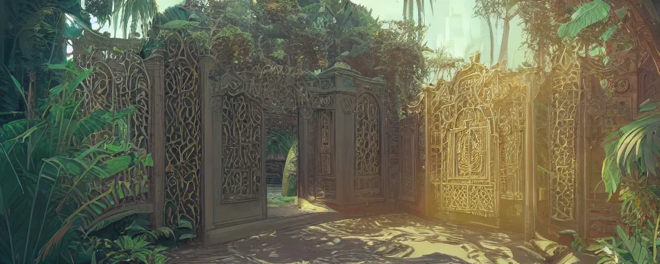Image similar to a beautiful detailed architecture art of ancient ornamental gate in the middle of tropical jungle by atey ghailan, by greg tocchini, by james gilleard, by joe gb fenton, by kaethe butcher, dynamic lighting, clean, grunge aesthetic, octane render, artstation