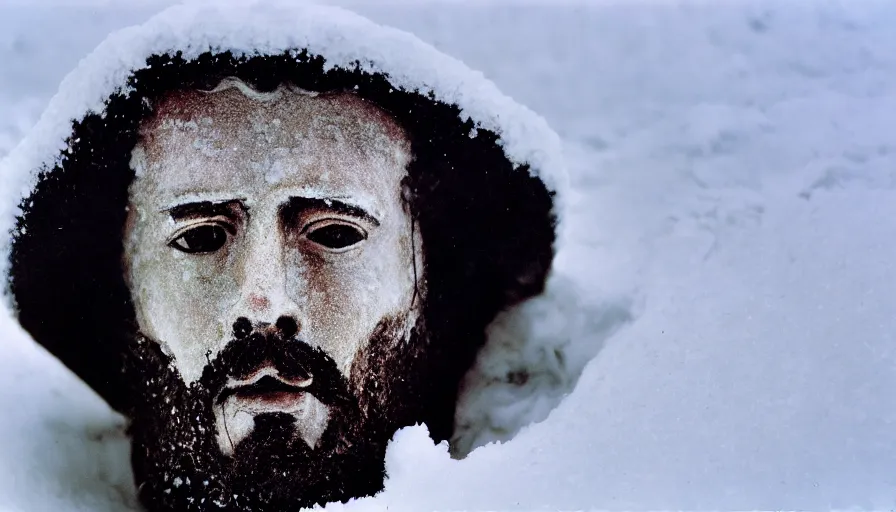 Image similar to 1 9 6 0 s movie still close up of marcus aurelius dirty face frozen to death under the snow on a river's shore with gravel, pine forests, cinestill 8 0 0 t 3 5 mm, high quality, heavy grain, high detail, texture, dramatic light, anamorphic, hyperrealistic, detailed hair foggy