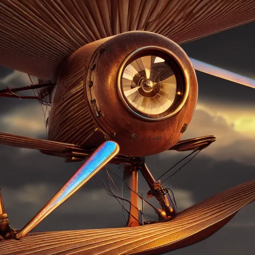 Image similar to wooden bi plane, steampunk, extreme closeup, center frame, symmetric, rim light, bioluminescence, electric, soft, concept art, intricate details, highly detailed, colorful, photorealistic, disney pixar, octane render, iridescent, anime, 8 k