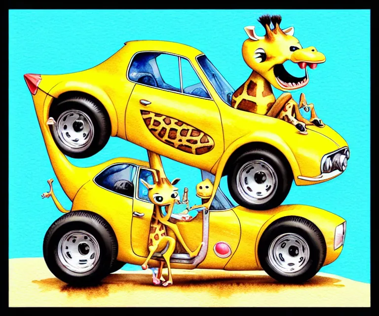 Image similar to cute and funny, baby giraffe riding in a tiny hot rod with oversized engine, ratfink style by ed roth, centered award winning watercolor pen illustration, isometric illustration by chihiro iwasaki, edited by range murata, tiny details by artgerm and watercolor girl, symmetrically isometrically centered