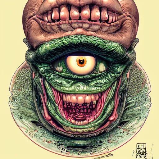 Image similar to portrait of crazy slimer, symmetrical, by yoichi hatakenaka, masamune shirow, josan gonzales and dan mumford, ayami kojima, takato yamamoto, barclay shaw, karol bak, chuck close