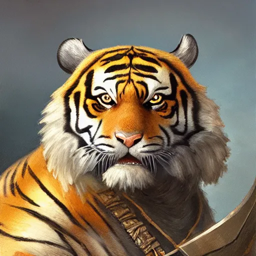 Prompt: a detailed portrait of a tiger with armor, by justin gerard and greg rutkowski, digital art, realistic painting, dnd, character design, trending on artstation