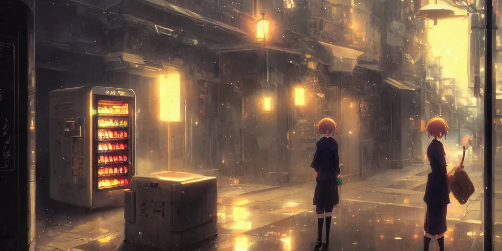 Image similar to anime kyoto animation key by greg rutkowski night, vending machine